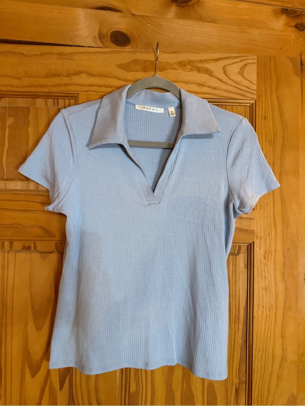 Cyrus Light Blue Ribbed V-Neck Polo Tee